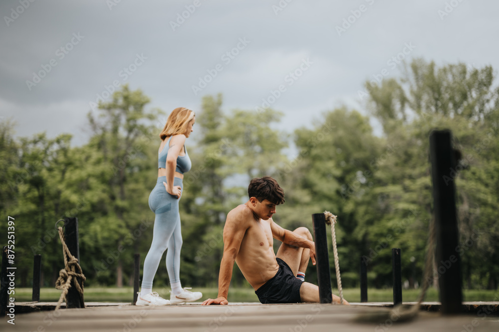 Obraz premium Man and woman performing outdoor exercise on a wooden pier surrounded by greenery, focusing on fitness and wellness in a natural setting.