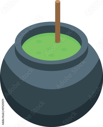 Witch cauldron with green potion boiling and stick inside is making magic potion for halloween