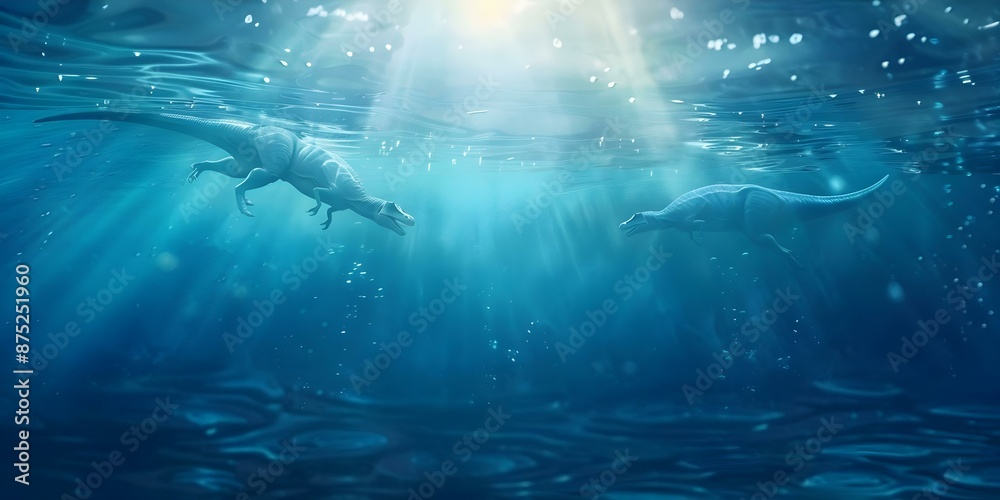 Dinosaurs in the Water Hunting Prey in the Ocean Depths. Concept Underwater Carnivores, Marine