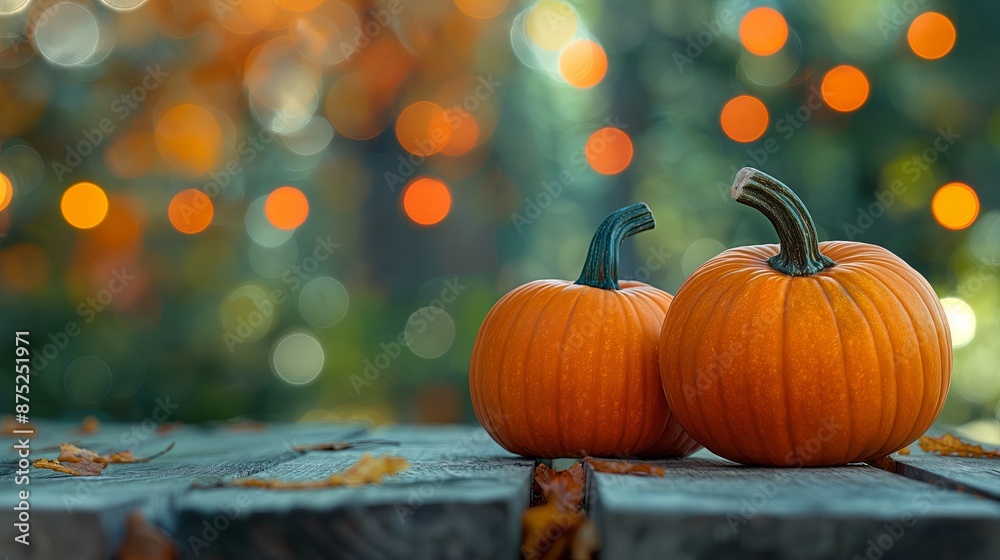 Fototapeta premium Orange Autumn: Pumpkins on Wooden Table with Bokeh Background