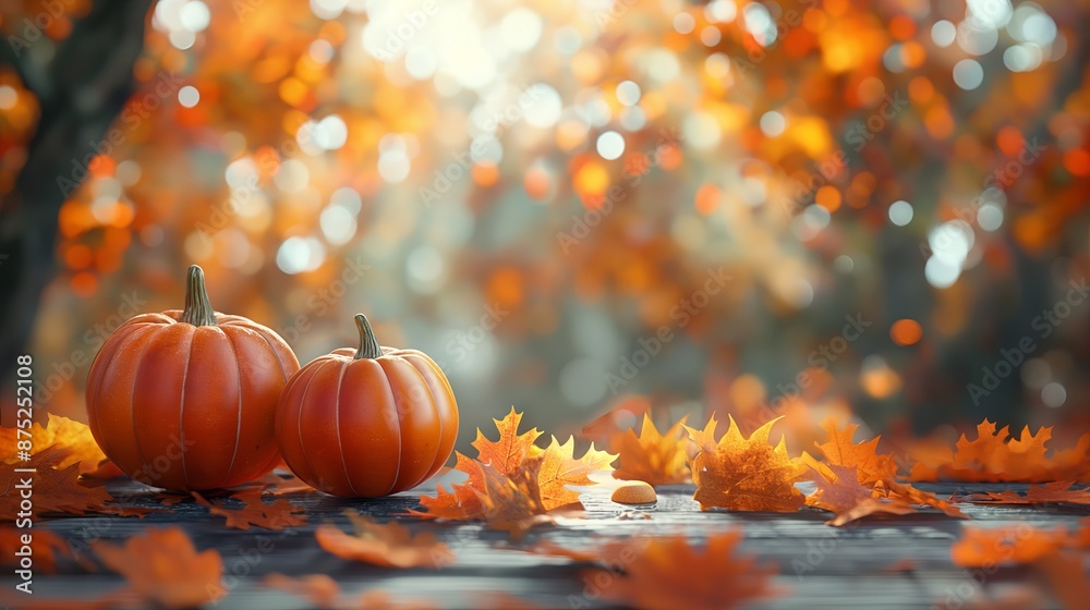 Orange Autumn: Pumpkins on Wooden Table with Bokeh Background Orange Autumn: Pumpkins on Wooden Table with Bokeh Background