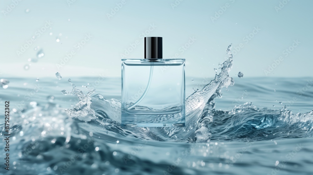 A bottle of minimalist perfume floating on the water, surrounded by clear and sparkling waves. A bottle of minimalist perfume floating on the water, surrounded by clear and sparkling waves.