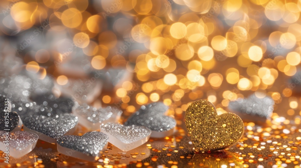 A reflective gold glitter background with scattered transparent gray hearts, giving a contemporary and sleek A reflective gold glitter background with scattered transparent gray hearts, giving a contemporary and sleek