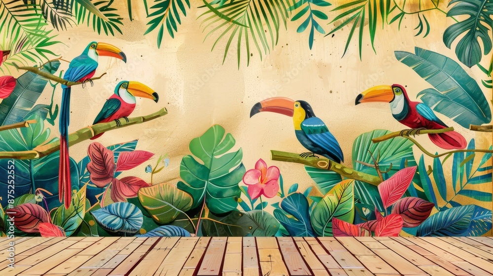 Obraz premium a bamboo floor and a wall decorated with colorful tropical birds and foliage. 
