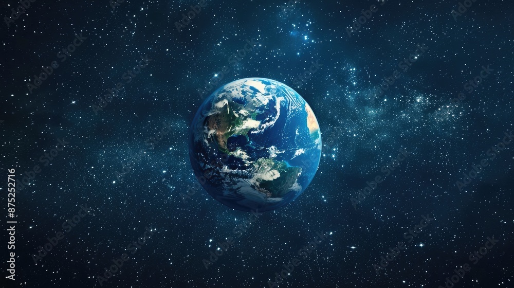 Fototapeta premium Planet Earth in space surrounded by stars on dark background Science ecology environment conservation World Earth Day idea with room for text