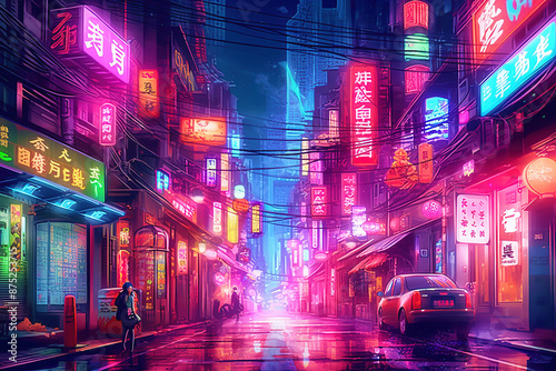 Tokyo Night Street with Neon Signs and Cyberpunk Atmosphere
