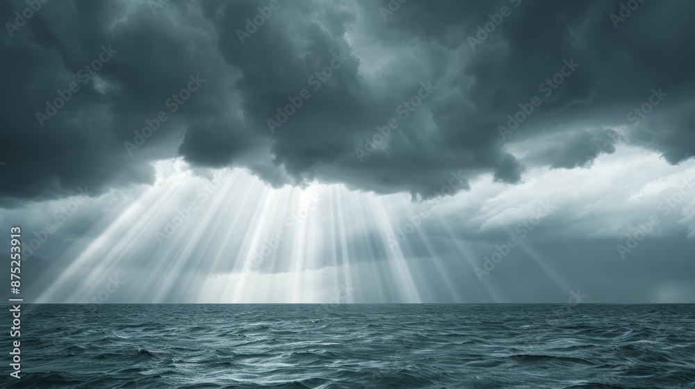 Fototapeta premium Majestic stormy sea under heavy clouds, beams of light breaking through, capturing cinematic tension and raw power, focus cover all object, deep dept of field