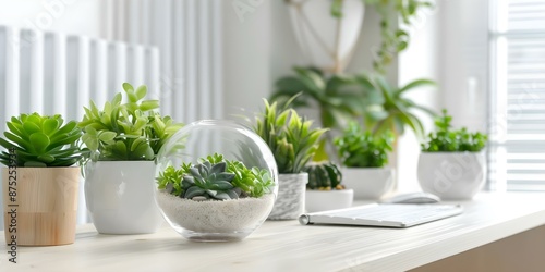 Creating a Botanical-Themed Home Office with Desk Terrarium and Hanging Plants. Concept Home Office Decor, Botanical Theme, Desk Terrarium, Hanging Plants, Sustainable Design photo