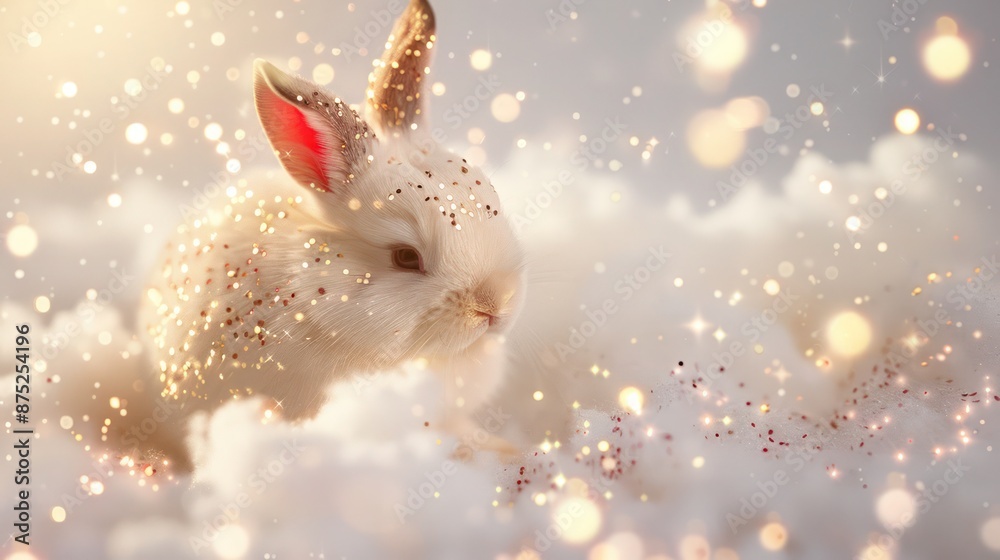 A small white bunny, with a joyful smile, adorned with shiny golden and red sparkles, A small white bunny, with a joyful smile, adorned with shiny golden and red sparkles,