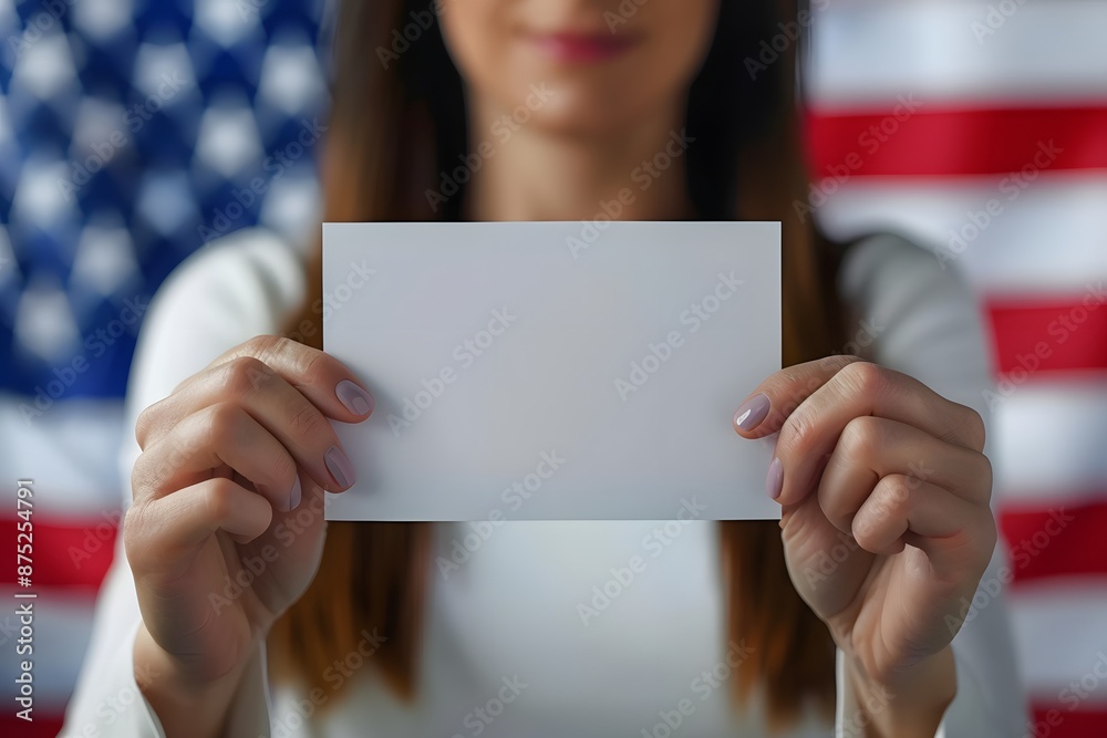 Woman participating on Voter Registration Day, putting vote bulletin into white ballot box with American flag in the background Woman participating on Voter Registration Day, putting vote bulletin into white ballot box with American flag in the background