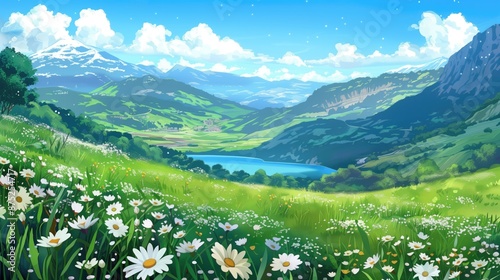  Beautiful green valley with a lake and mountain, in the style of cartoon or anime, blue sky, white clouds, sunny day, bright colors, grassy field full of flowers, rocks. Background generated AI