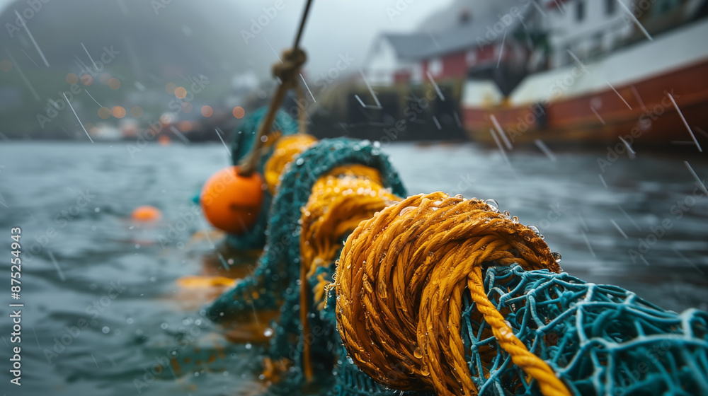 Fishing nets and buoys in stormy harbor with rain-soaked ropes and colorful equipment. Concept of coastal life, seafaring industry, and harsh weather conditions. Fishing nets and buoys in stormy harbor with rain-soaked ropes and colorful equipment. Concept of coastal life, seafaring industry, and harsh weather conditions.