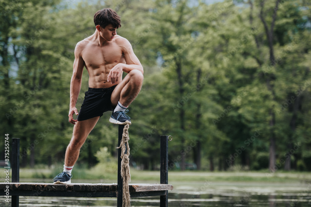 Obraz premium Fit young man engaging in outdoor fitness on a dock by the water, surrounded by lush green forest.