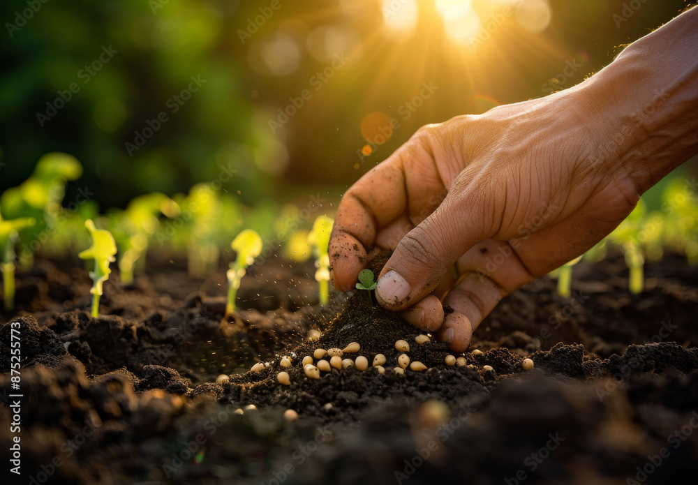 Fototapeta premium Close-up of hands planting a seedling in soil, spring background. Earth Day concept.