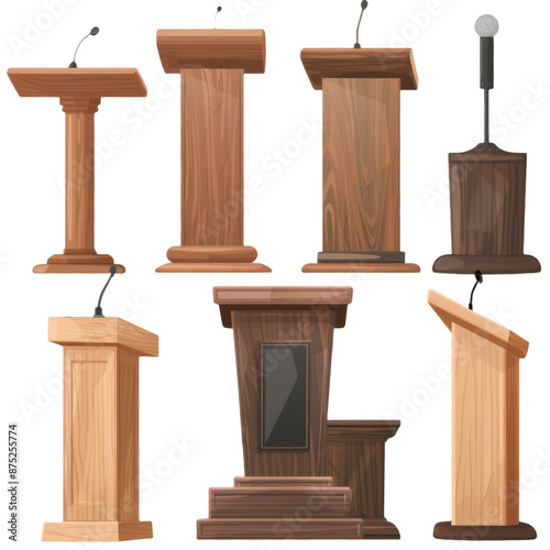 Versatile Podium Collection: Modern and Antique Brown Wood Speech Stands with Microphone - Isolated Transparent PNG