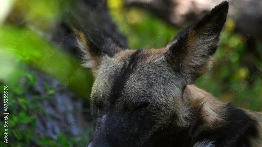 Slow Motion Close-Up Shot Of Portrait Of African Wild Dog - Dar es Salaam, Tanzania Slow Motion Close-Up Shot Of Portrait Of African Wild Dog - Dar es Salaam, Tanzania