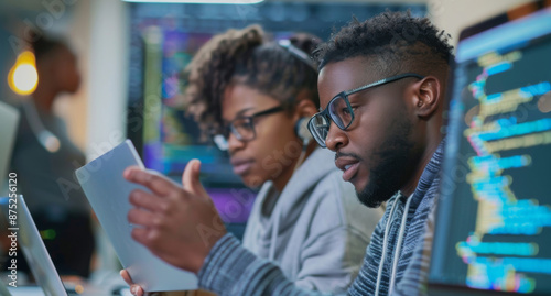 Two young African American professionals analyzing data in a modern tech workspace