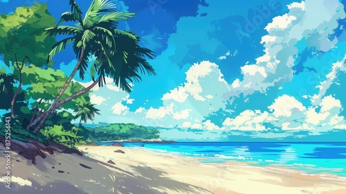 Illustration of a beautiful beach with palm trees and a blue sky, fantasy landscape, anime, cartoon generated AI photo