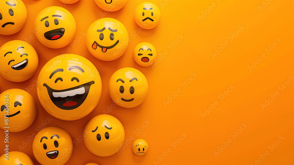 World Emoji Day Concept. 3d smiling emoticon or Smiley yellow ball emoji on yellow background. Funny emojis. World smile day emojis. World mental health day. World Laughter Day. Copy space for text World Emoji Day Concept. 3d smiling emoticon or Smiley yellow ball emoji on yellow background. Funny emojis. World smile day emojis. World mental health day. World Laughter Day. Copy space for text