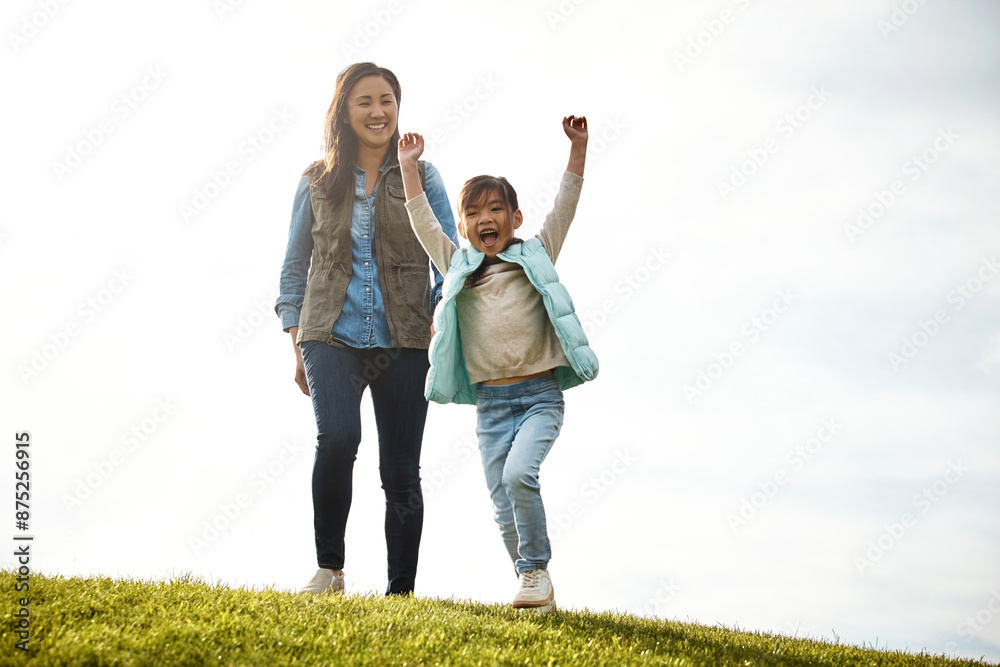 Celebration, mom and girl in countryside for walk, vacation and park for outdoor outing. Love, bonding and support from mother or female person, child and adventure for family fun in autumn together Celebration, mom and girl in countryside for walk, vacation and park for outdoor outing. Love, bonding and support from mother or female person, child and adventure for family fun in autumn together