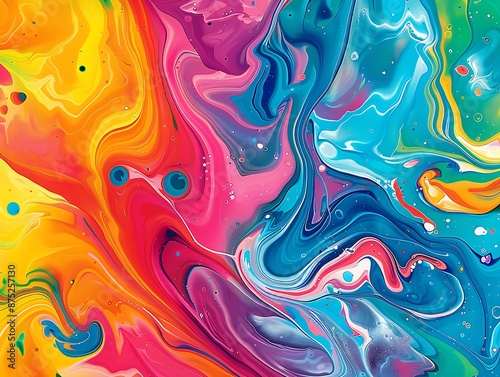 Colorful marbling background with swirls and splashes of bright colors, vibrant and dynamic patterns.