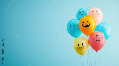 World Emoji Day Concept. Colorful balloons with a happy emoji face smiley. Emoji Celebration. World smile day emojis. World mental health day. World Laughter Day. Joyful mood. Copy space for text