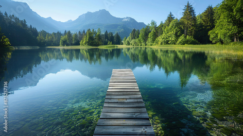 View of the lake with clear water and a small harbor in the middle