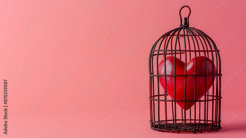 Concept of defended love and censorship with a heart symbolically locked in a cage isolated on pink background Concept of defended love and censorship with a heart symbolically locked in a cage isolated on pink background