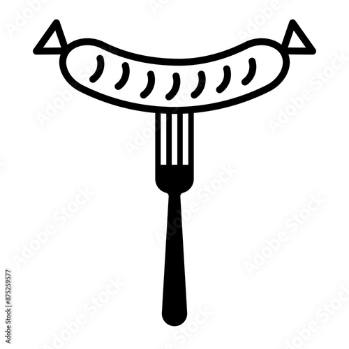 
Illustration depicting a black sausage icon on a fork on a white background