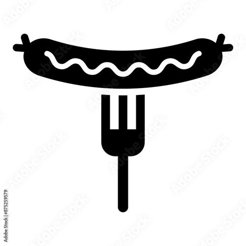 
Illustration depicting a black sausage icon on a fork on a white background
