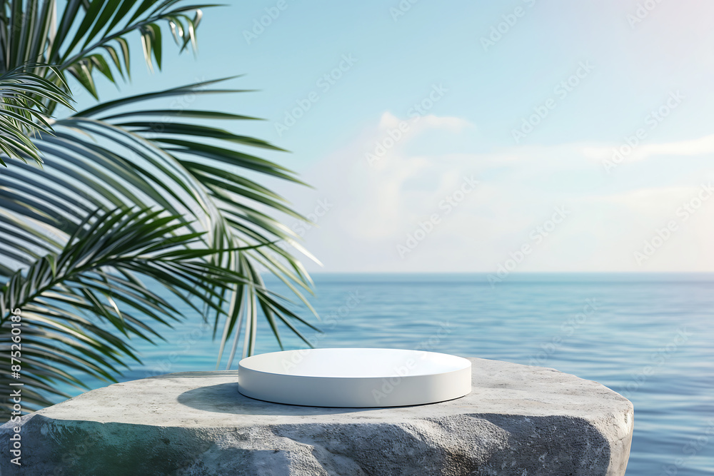 White round podium on a stone rock with blue sea background for summer product presentation mockup White round podium on a stone rock with blue sea background for summer product presentation mockup