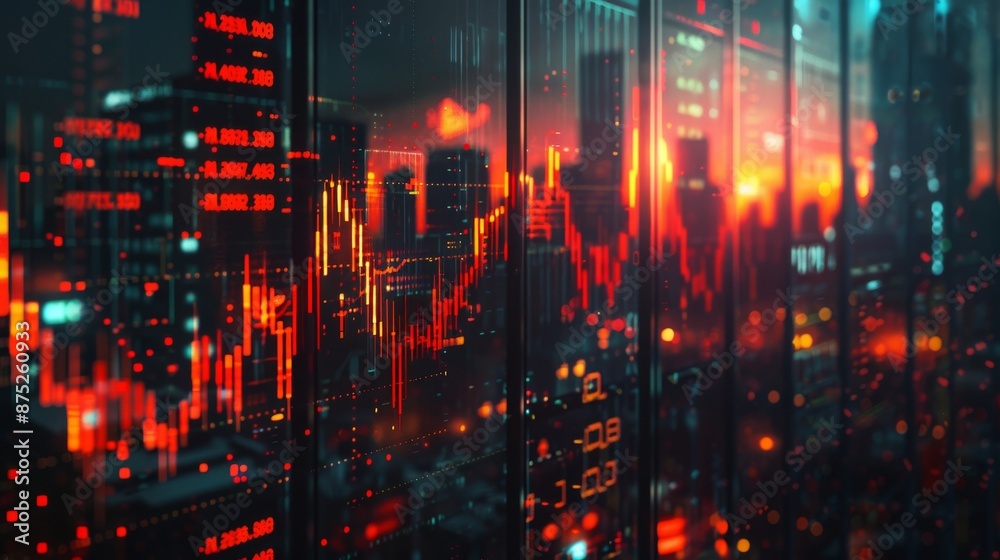 Fototapeta premium virtual holograms of price rise and fall charts of cryptocurrencies and conventional currencies on the wall of a skyscraper apartment, ideal for advertising trading platforms or articles