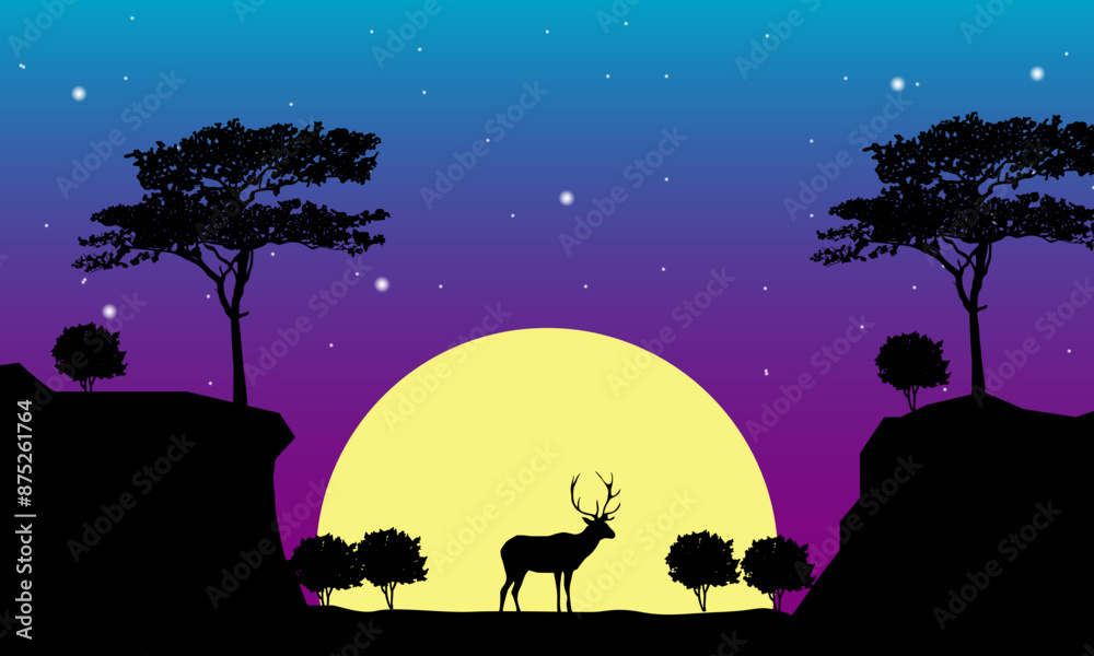 Fototapeta premium Deer Silhouette In Savannah Illustration Vector. Savannah Landscape Sunset.