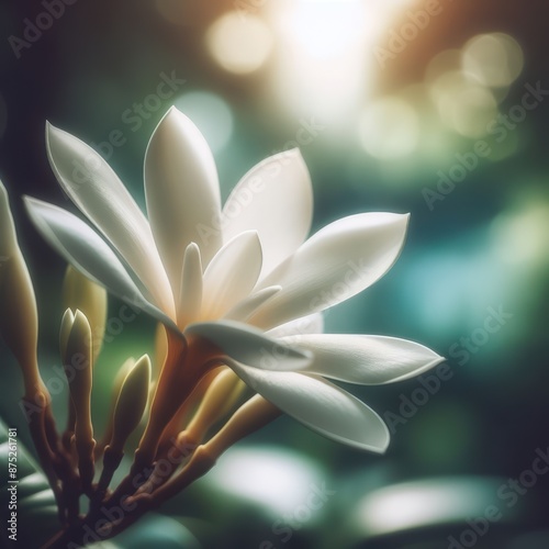 Close-up macro view of a white flower with a green nature background - Exotic white flower
