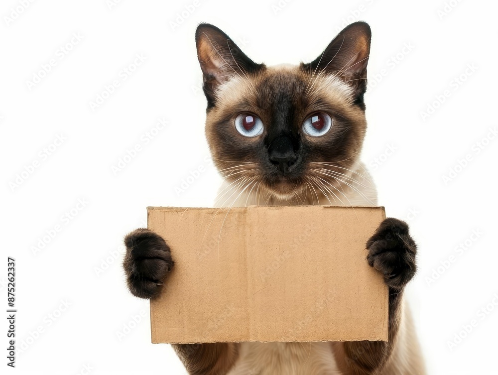 A cute Siamese cat and paws holds an empty cardboard sign in its paws against a isolated on white background, looking directly at the camera with an attentive expression A cute Siamese cat and paws holds an empty cardboard sign in its paws against a isolated on white background, looking directly at the camera with an attentive expression