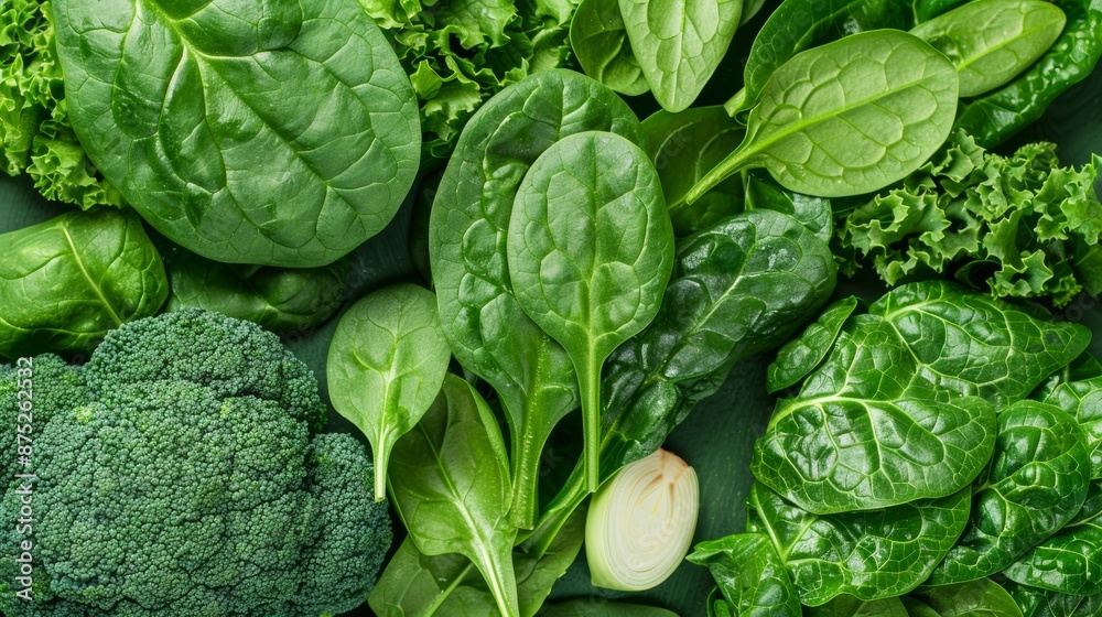 A detailed photo of an assortment of leafy greens like spinach and kale, focus cover all object, deep dept of field A detailed photo of an assortment of leafy greens like spinach and kale, focus cover all object, deep dept of field