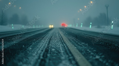 Close-up of the highway on a winter evening