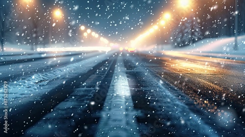Close-up of the highway on a winter evening