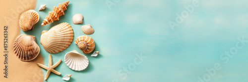 Banner, Muscheln und Seestern auf Sand und blauem Hintergrund, maritimer sommerlicher Hintergrund photo