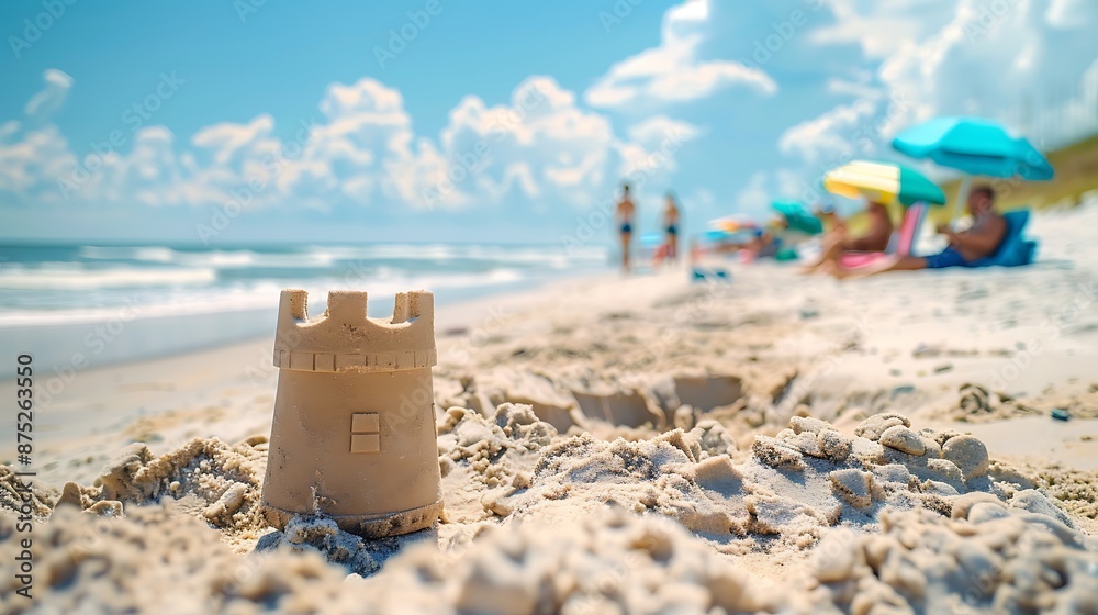 Naklejka premium Carolina beach scene with families enjoying a sunny day, beach umbrellas and sandcastles, copy space for text, focus cover all subject, deep depth of field, nodust