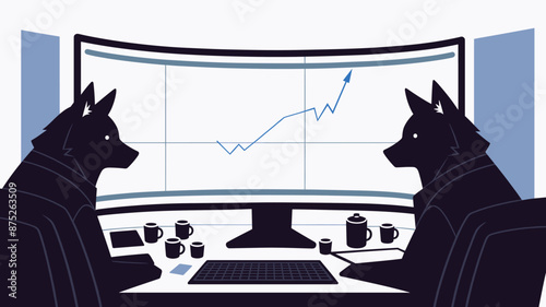 two wolves sitting in front of a computer screen with a rising graph against white background