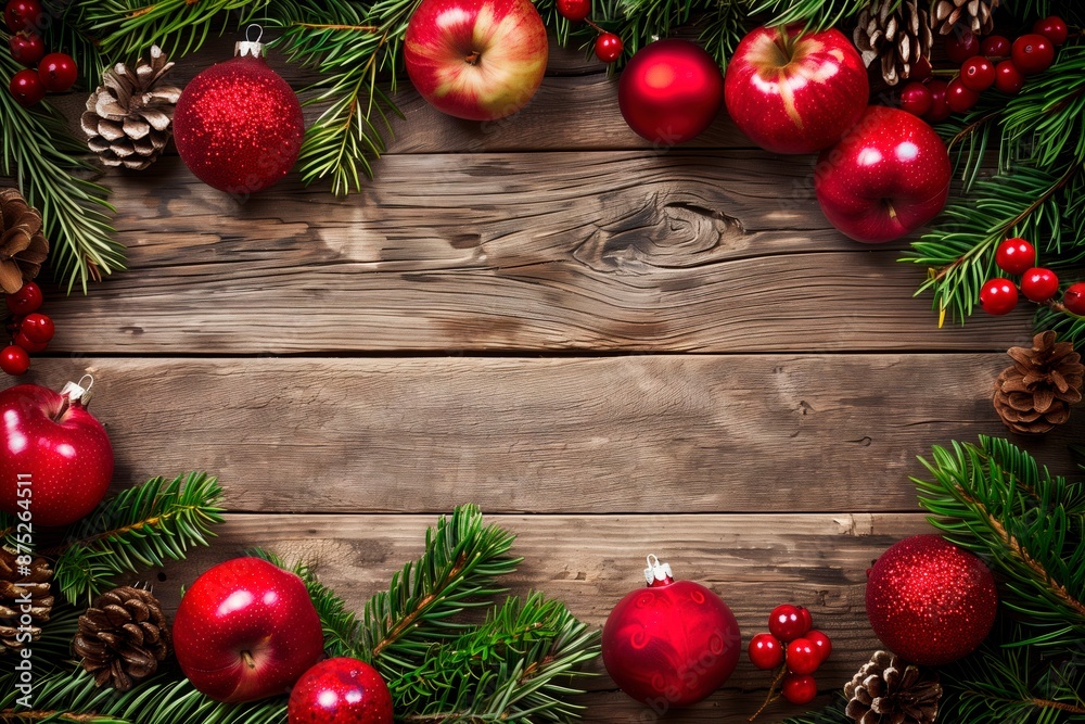 Christmas frame. Red balls, apples and pine leaves. Copy space. Top view. Natural light. December season Christmas frame. Red balls, apples and pine leaves. Copy space. Top view. Natural light. December season