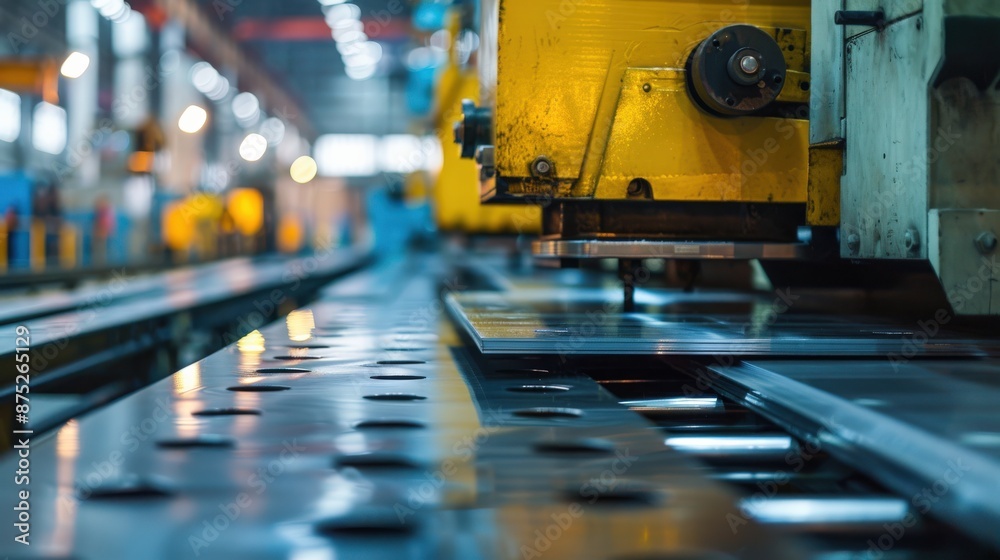 Fototapeta premium Close-up of pressing machine pressing metal sheets in an industrial factory