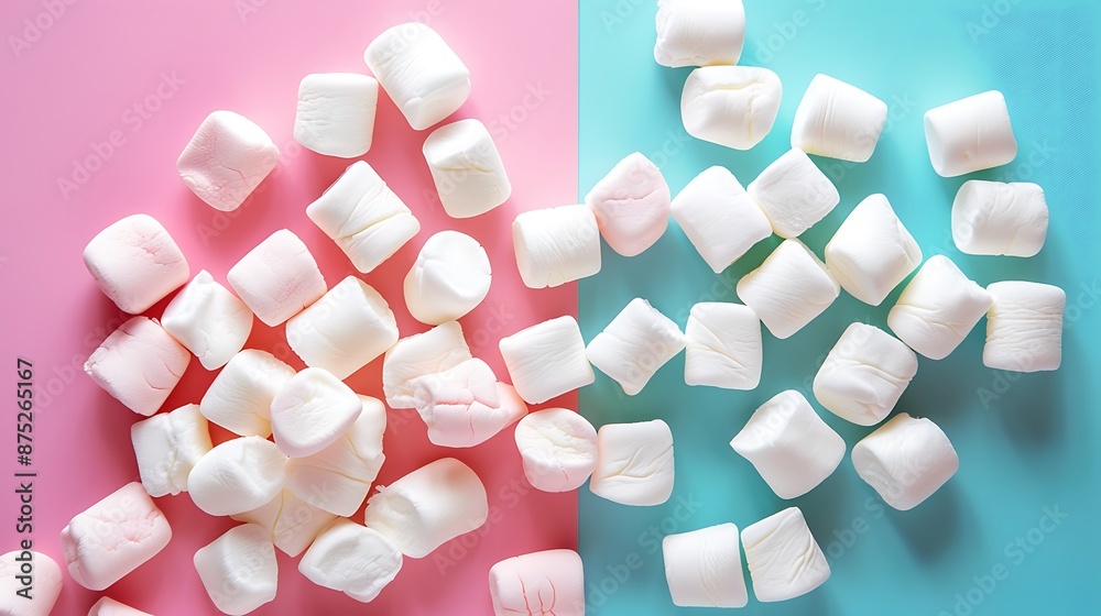 Top view of white mini marshmallows isolated on pink and blue background Top view of white mini marshmallows isolated on pink and blue background