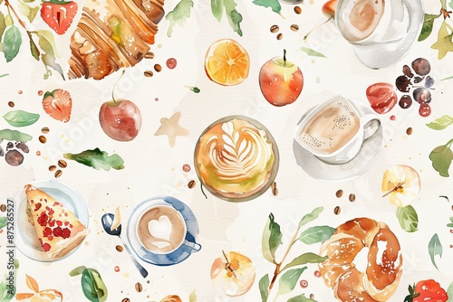 watercolor pattern featuring coffee, pastries, fruits, and leaves. Ideal for background, wallpaper, and kitchen decor.