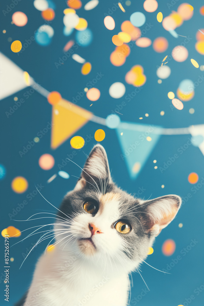 Cat looking up at party decorations and confetti on blue background. Image for greeting cards and invitations. Birthday celebration concept. Banner with copy space for World Cat Day.