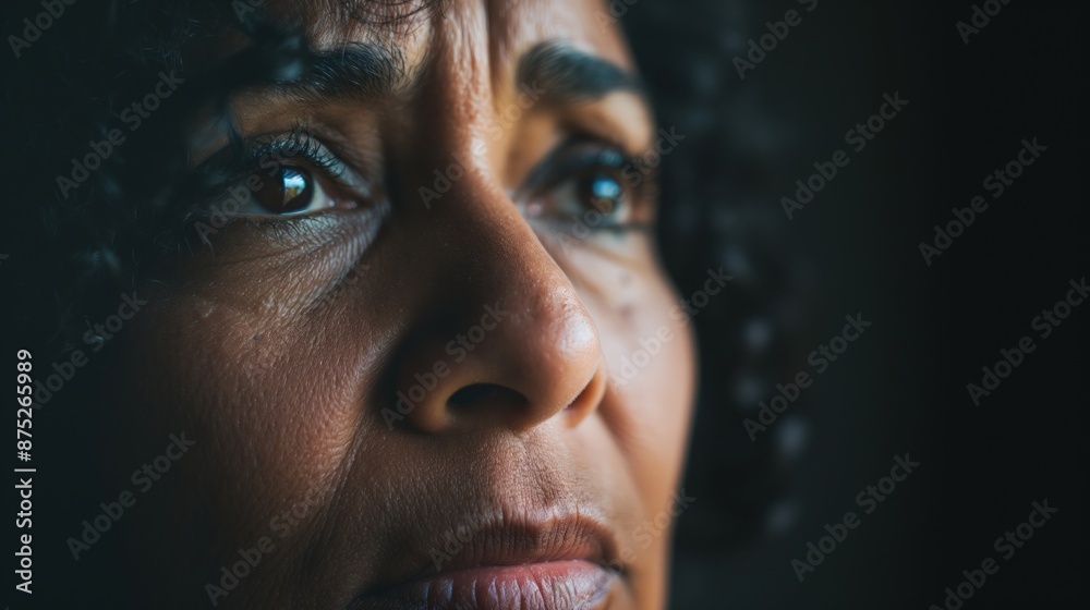 A woman looks up, her face showing concern and introspection A woman looks up, her face showing concern and introspection