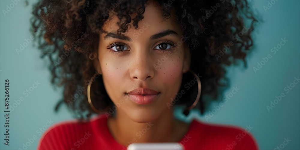 Fototapeta premium Concerned Young Black Woman with Phone at Risk of Online Crime. Concept Online Safety, Cybersecurity, Personal Protection, Digital Privacy, Internet Threats,