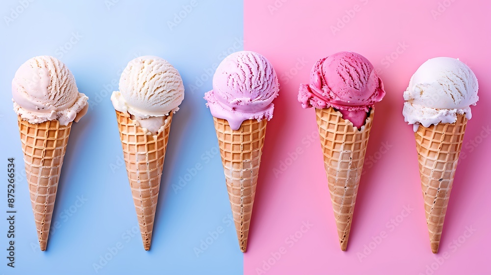 variety of homemade ice-cream scoops in waffle cones isolated on pink and blue background variety of homemade ice-cream scoops in waffle cones isolated on pink and blue background