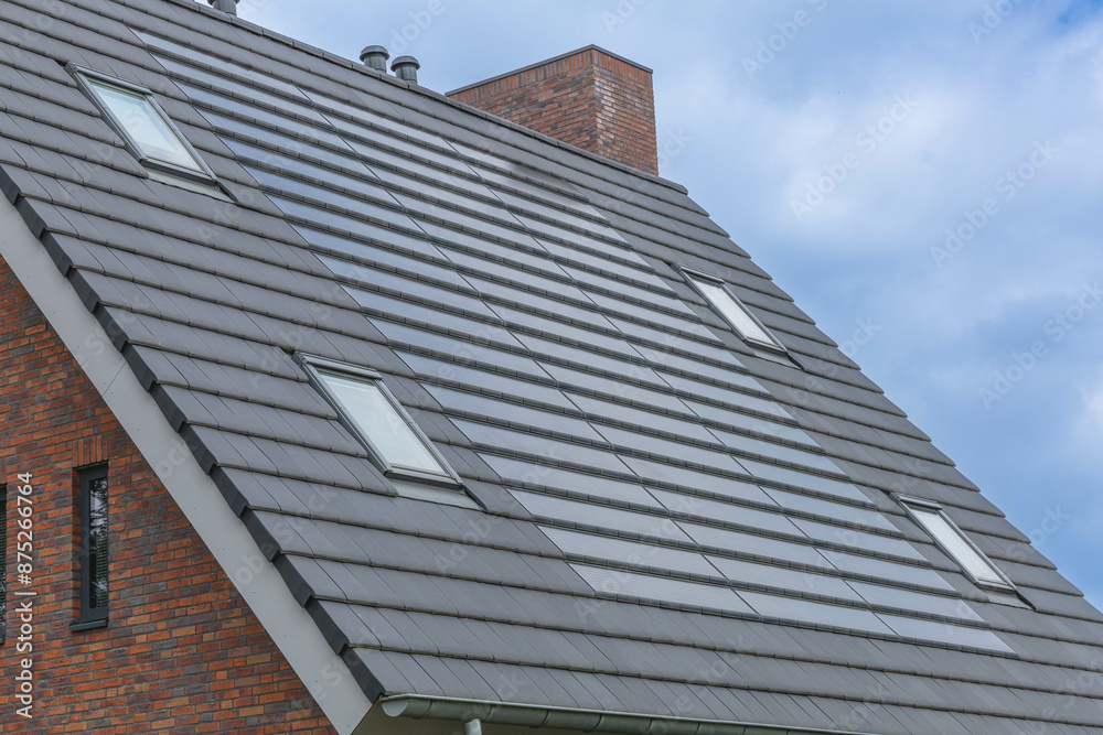 Integrated solar panels on the roof, close up. Integrated solar panels on the roof, close up.